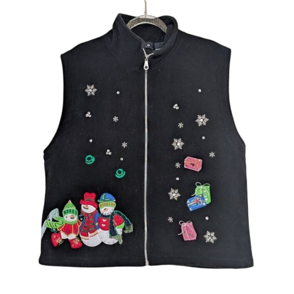 MHD Snowman Fleece Sweater Vest Womens Size XL Black Sequins Embroidered Zip